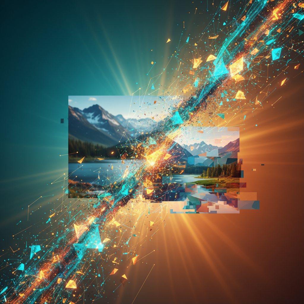 Abstract representation of AI image processing, flowing data streams transforming a photo, vibrant teal and orange gradient background, modern digital art style, glowing elements, dynamic composition, no text in image