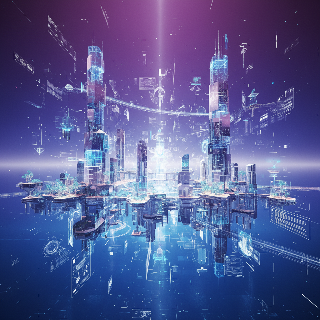 A futuristic 3D virtual environment being generated by artificial intelligence, showing a blend of realistic architecture and digital elements. Vibrant gradient background transitioning from deep blue to purple, with holographic interface elements floating around. Bright ambient lighting, wide-angle view, highly detailed rendering. No text.