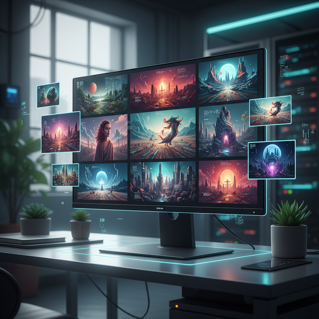 Computer screen showing AI-generated images with visible watermark artifacts, digital workspace with multiple image thumbnails, clean tech environment with soft monitor glow, photorealistic detail, no text in image