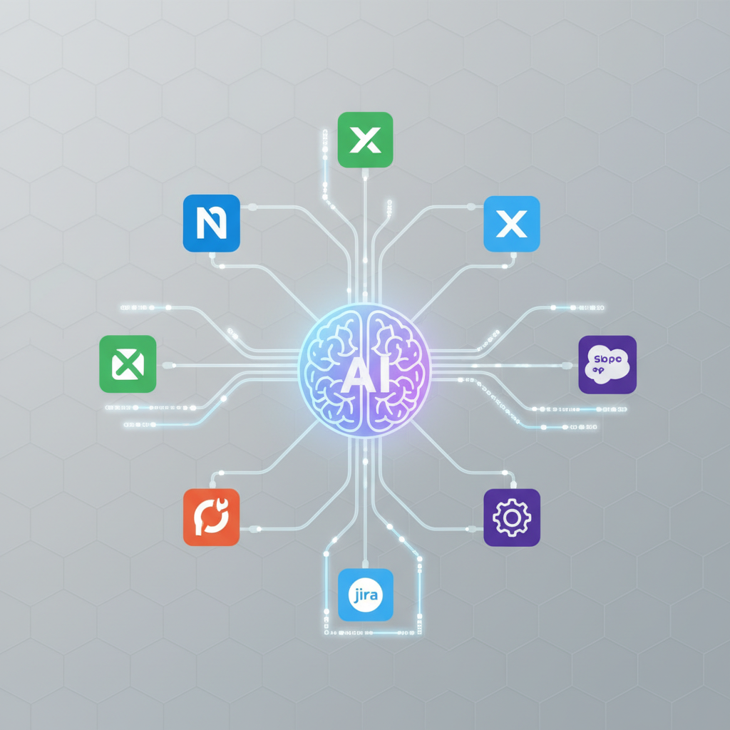 A clean infographic showing an AI brain icon seamlessly connecting with various software application icons (like Notion, Xero, etc.), symbolizing efficient and automated software testing. Modern design with a textured background, no text. Centered focus.