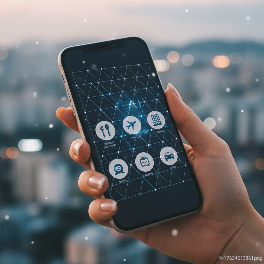 A modern smartphone screen showing various booking app icons (e.g., for restaurants, flights, hotels) with a subtle AI interface overlay, symbolizing automated booking. A Korean hand is holding the phone. The background is a blurred cityscape or a travel destination. Style: lifestyle photography. No text.