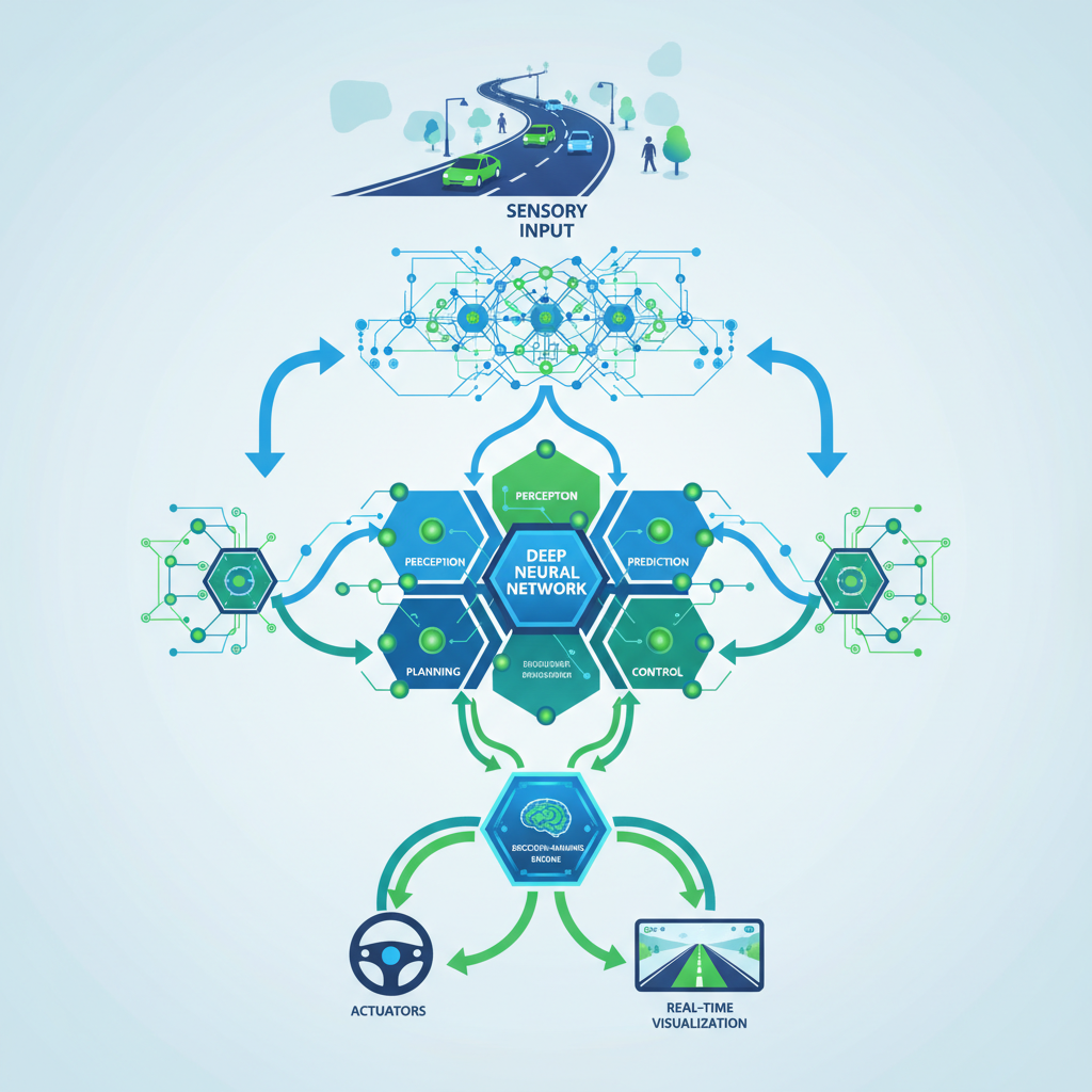 A stylized infographic showing the internal workings of an AI-driven self-driving car. Focus on neural networks and data processing rather than physical sensors, illustrating human-like decision-making. Style: clean infographic, modern layout, high contrast, blue and green color palette. No visible text.