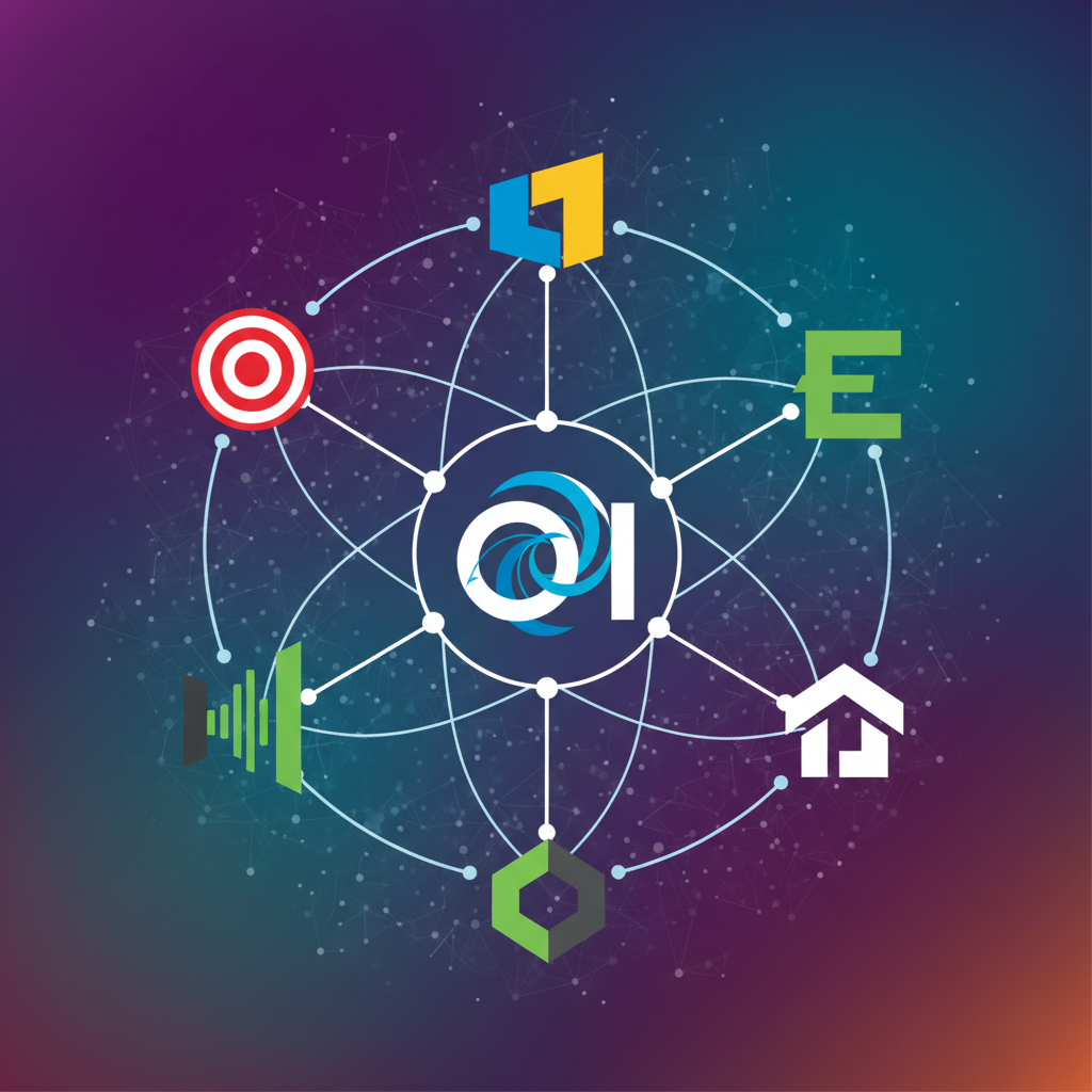 clean infographic, modern layout, high contrast. An abstract visual of multiple corporate logos (Target, Canva, Expedia, Spotify, Zillow - not explicitly naming them, just showing diversity of companies) orbiting a central OpenAI logo, symbolizing its growing influence in various retail and app sectors. Dynamic, interconnected lines on a vibrant, textured background. No visible text.