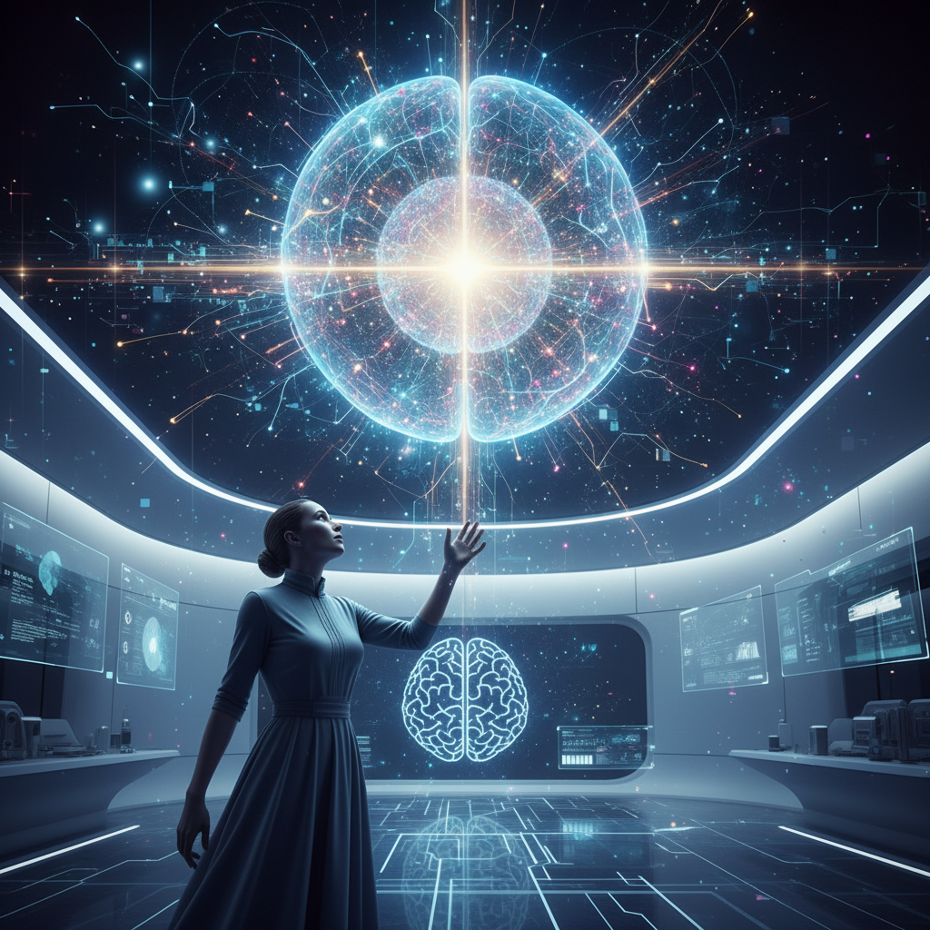 Realistic depiction of AI surpassing human intelligence, possibly a human figure looking up at a glowing, complex AI brain or a network, in a modern, well-lit setting. Style: digital art, futuristic. No text.
