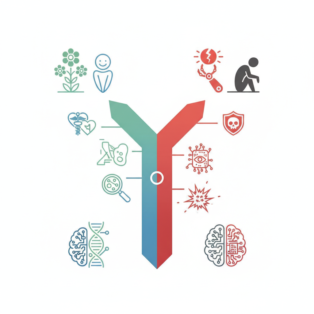 Clean infographic showing two opposing paths or outcomes of AI – one leading to medical breakthroughs and the other to potential harm or weapons. Use symbols for health and danger. No text.