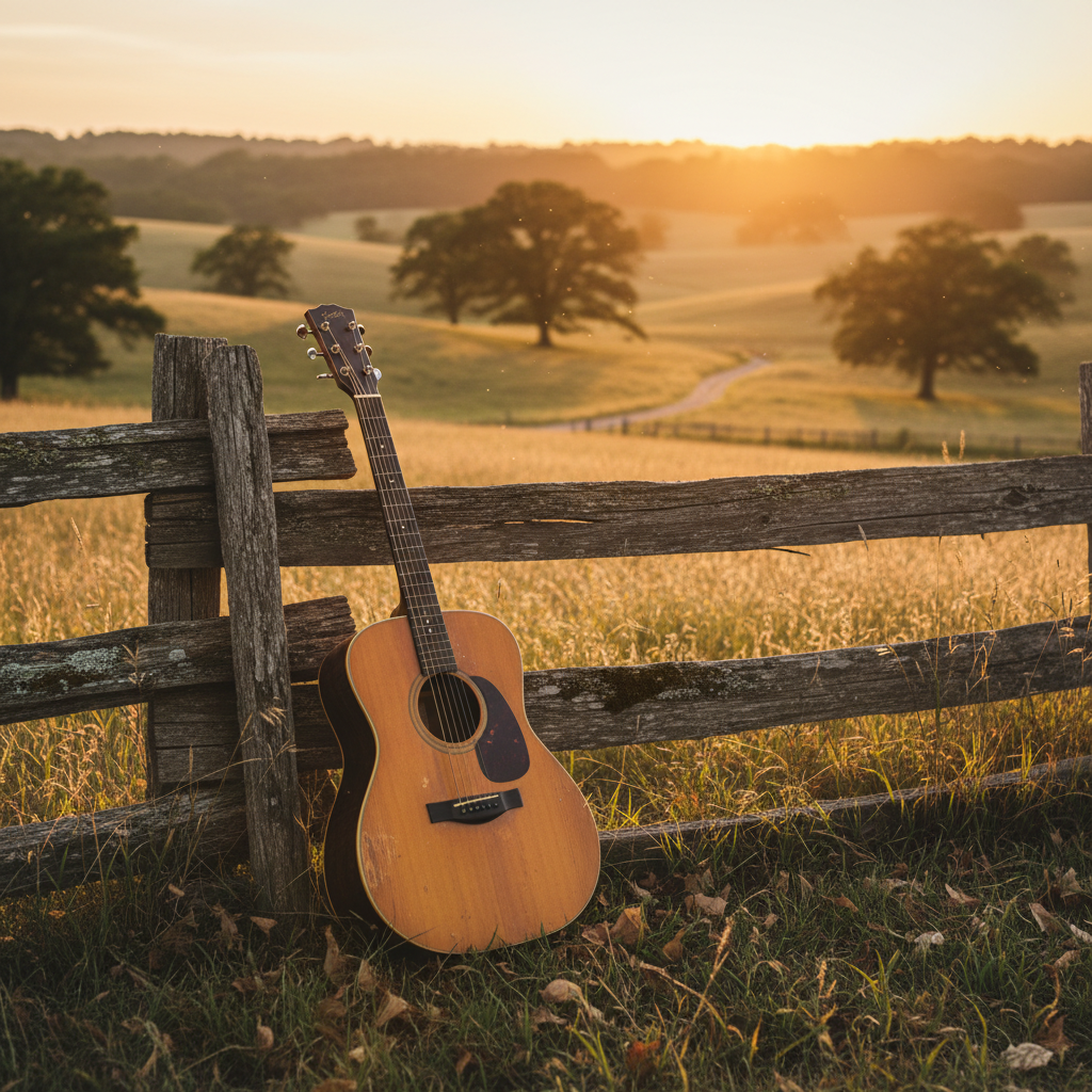 A rustic country music scene with acoustic guitar leaning against wooden fence, warm sunset golden hour lighting, countryside landscape background with rolling hills, atmospheric and nostalgic mood, rich textures and natural colors, lifestyle photography, no text