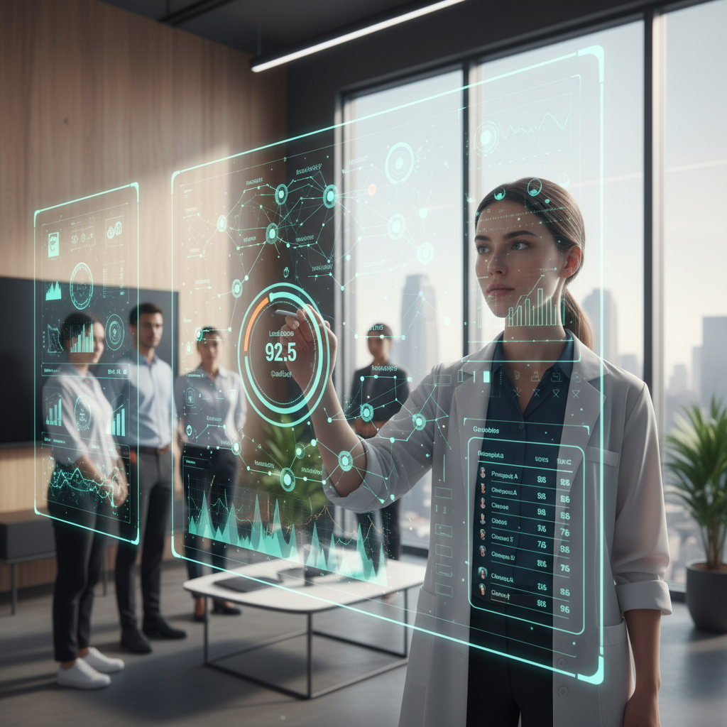 Realistic depiction of an AI system analyzing customer data to qualify and score leads. A modern user interface with various data points being processed, focusing on precise evaluation. Lifestyle photography, bright lighting, textured background. No visible text.