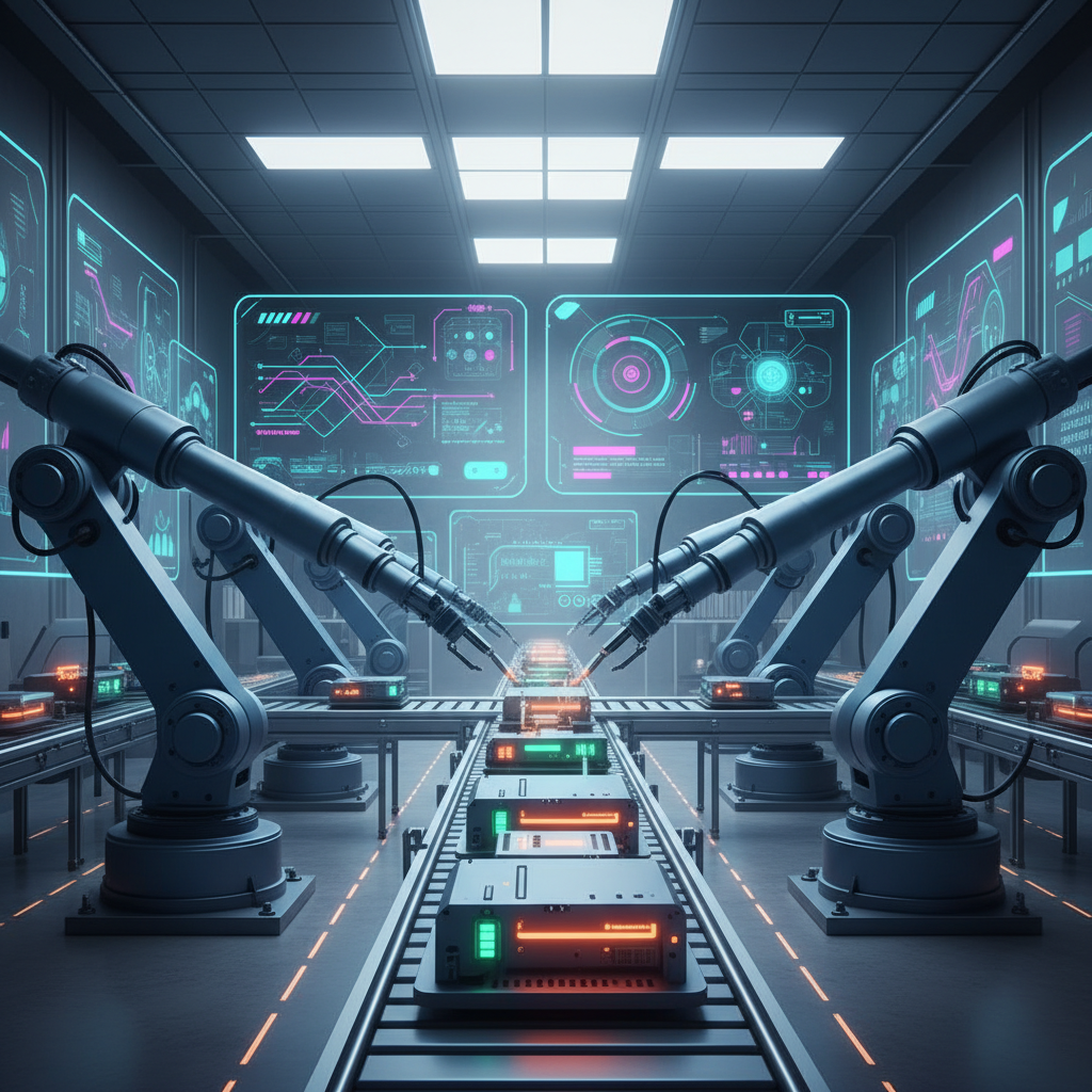A modern, high-tech factory floor where AI-powered robotic arms are efficiently assembling components. The scene shows seamless integration of technology in manufacturing, with subtle data visualizations on monitors in the background. Dominant colors are cool blues and grays, with vibrant accents from the machinery. Clean infographic style, modern layout, high contrast. No visible text. Bright, balanced lighting.