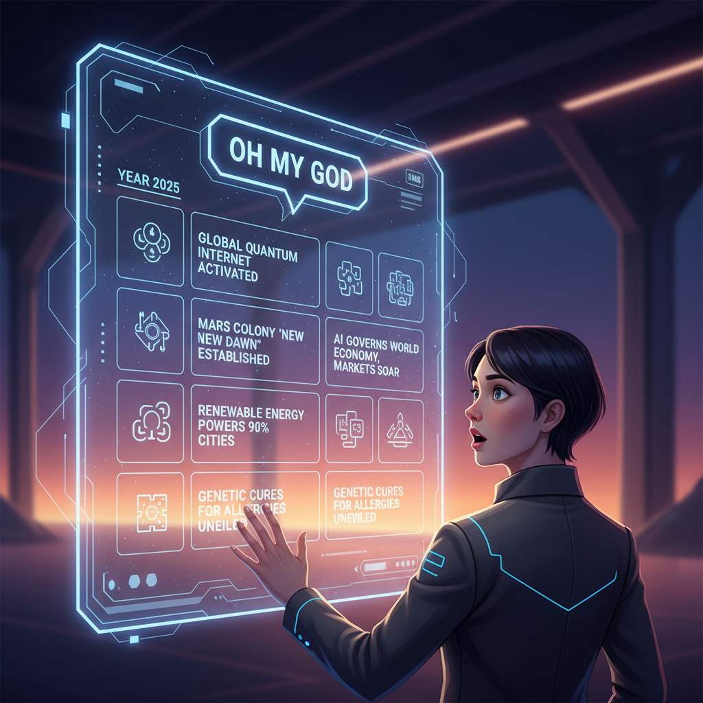 A sleek, modern AI interface displaying a series of current events from 2025, with a visible "Oh my god" text bubble. A person with a surprised but understanding expression observes it. Style: clean infographic, modern layout, high contrast. Gradient background.