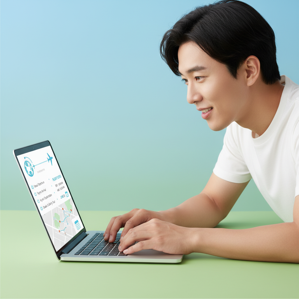 A Korean person excitedly planning a trip on a laptop with a modern, clean interface showing travel itineraries, maps, and flight information. The background is a gradient of blue and green, suggesting travel and technology. Bright lighting, centered focus, no text on screen. Style: clean infographic.