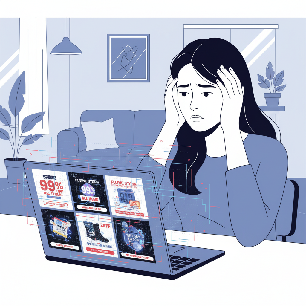 A consumer, a Korean woman, looking confused and stressed while seeing various AI-generated fake online store ads on a laptop screen. The ads show unrealistic discounts and products, with a subtle digital overlay suggesting AI manipulation. The background is a modern living room. Style: clean infographic, modern layout, high contrast. No visible text in image.