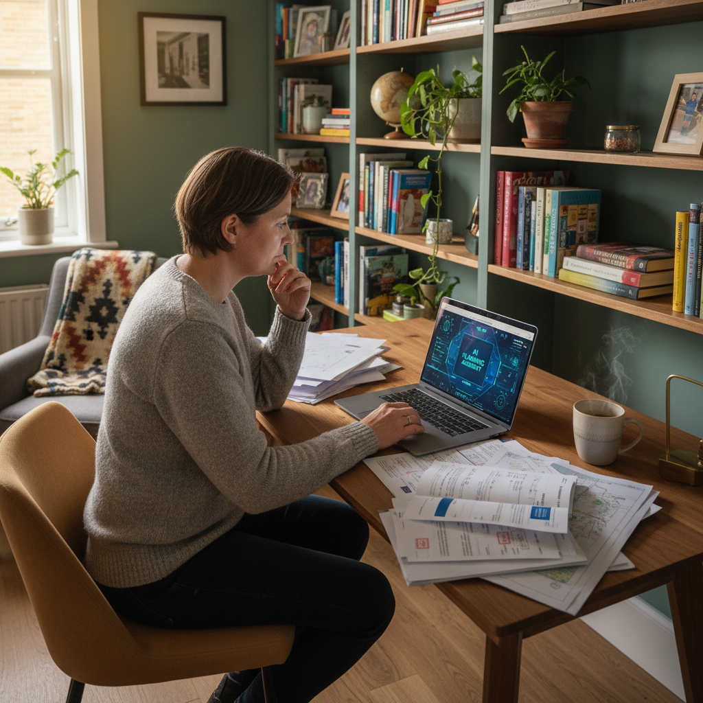 A British homeowner sitting at a modern desk with laptop, using AI software to draft planning objections, cozy home office setting with planning documents and coffee cup, warm natural lighting, lifestyle photography, realistic details, colored background with bookshelves, no text in image