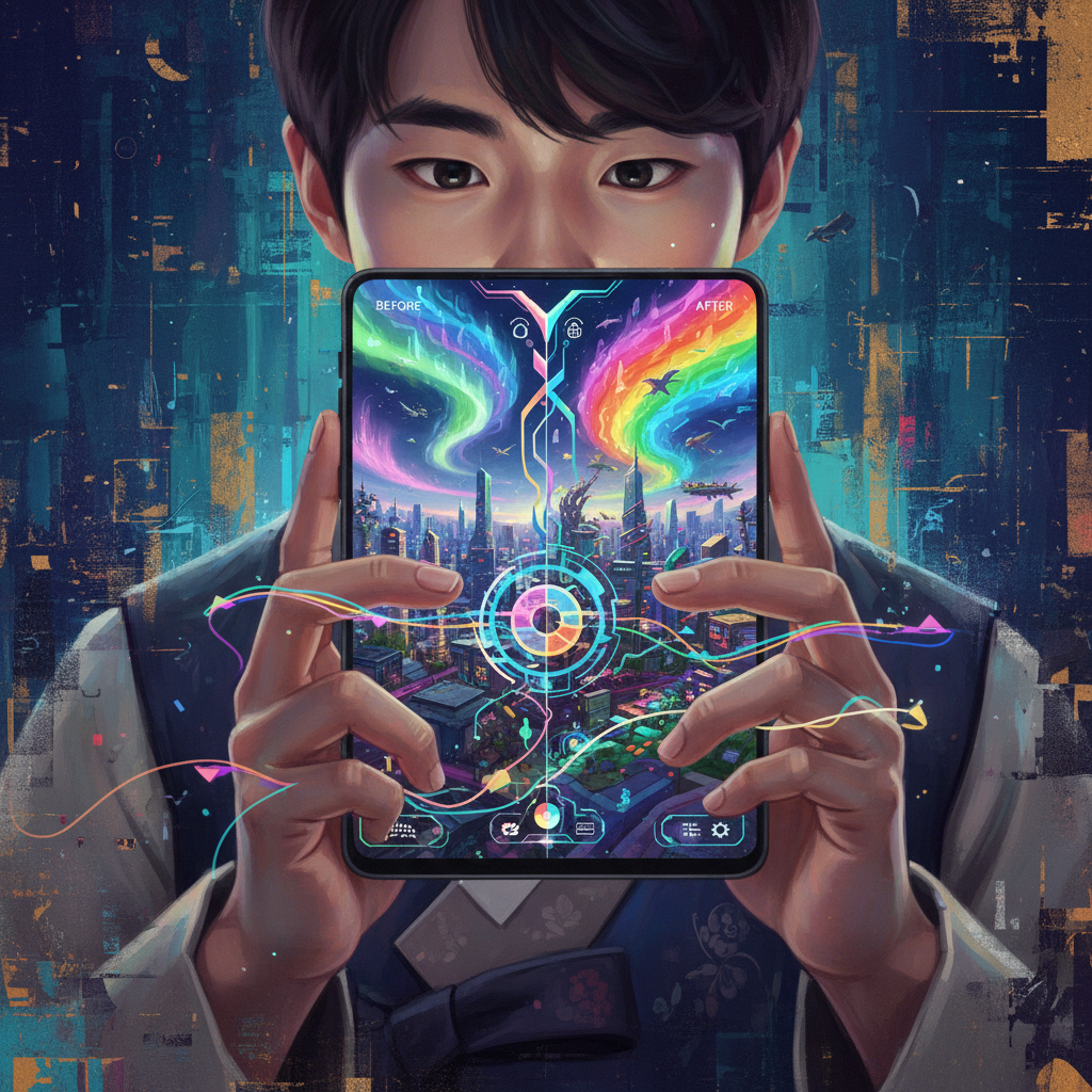 A Korean person interacting with a smartphone, where the screen displays an imaginative photo remixing interface, showing a before-and-after of an AI-edited photo. The user has a curious and engaged expression. Artistic rendering, vibrant colors, no visible text. Textured background.