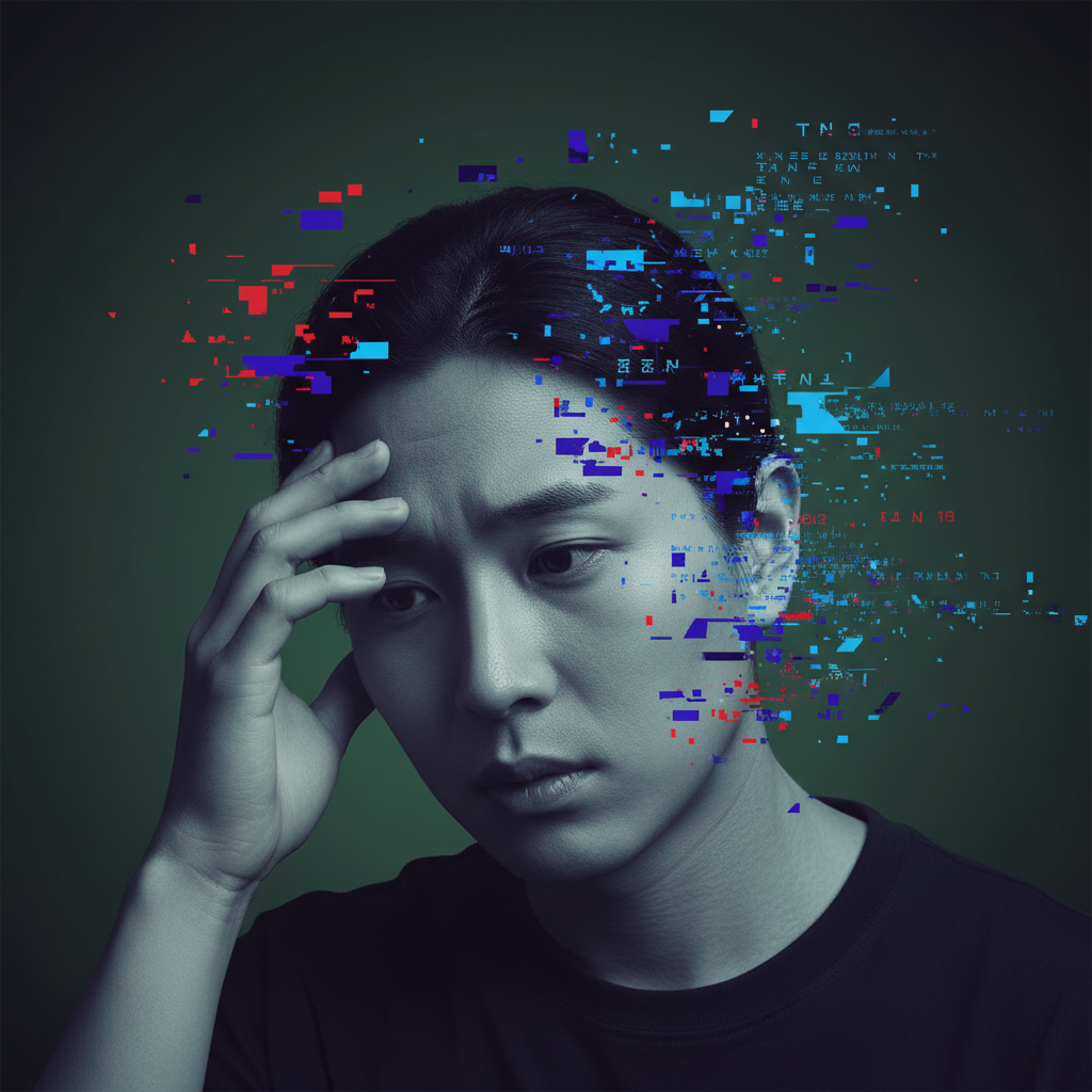 A Korean person in a pensive, slightly distressed pose, with abstract, unsettling digital patterns and faint, distorted AI-generated text fragments subtly appearing around their head, symbolizing mental distress. Style: clean infographic, modern layout, high contrast. Background: soft, dark green gradient. No text.
