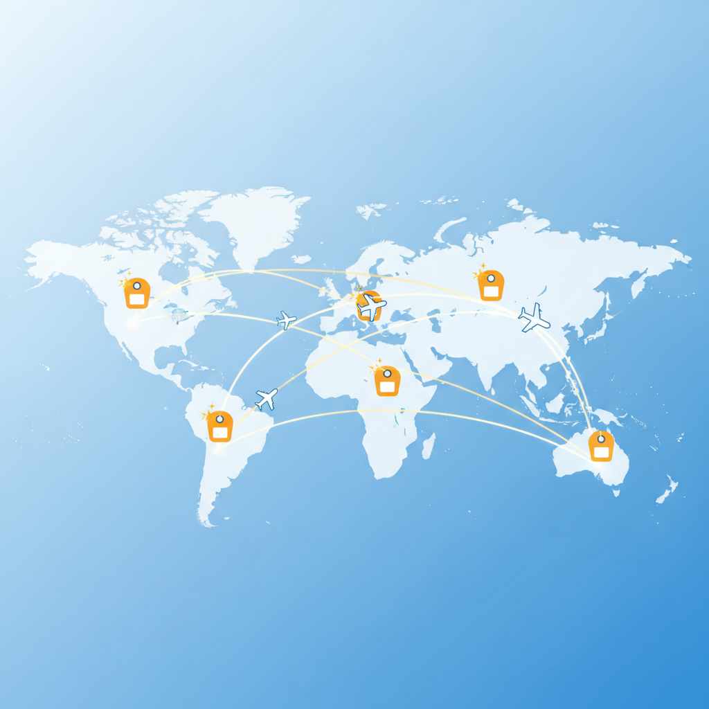 An infographic showing a global map with various flight routes highlighted, indicating cheap flight deals found by AI. Price tags and airplane icons are present, all without visible text. The background is a light blue gradient, symbolizing sky and travel. Style: clean infographic. No text.