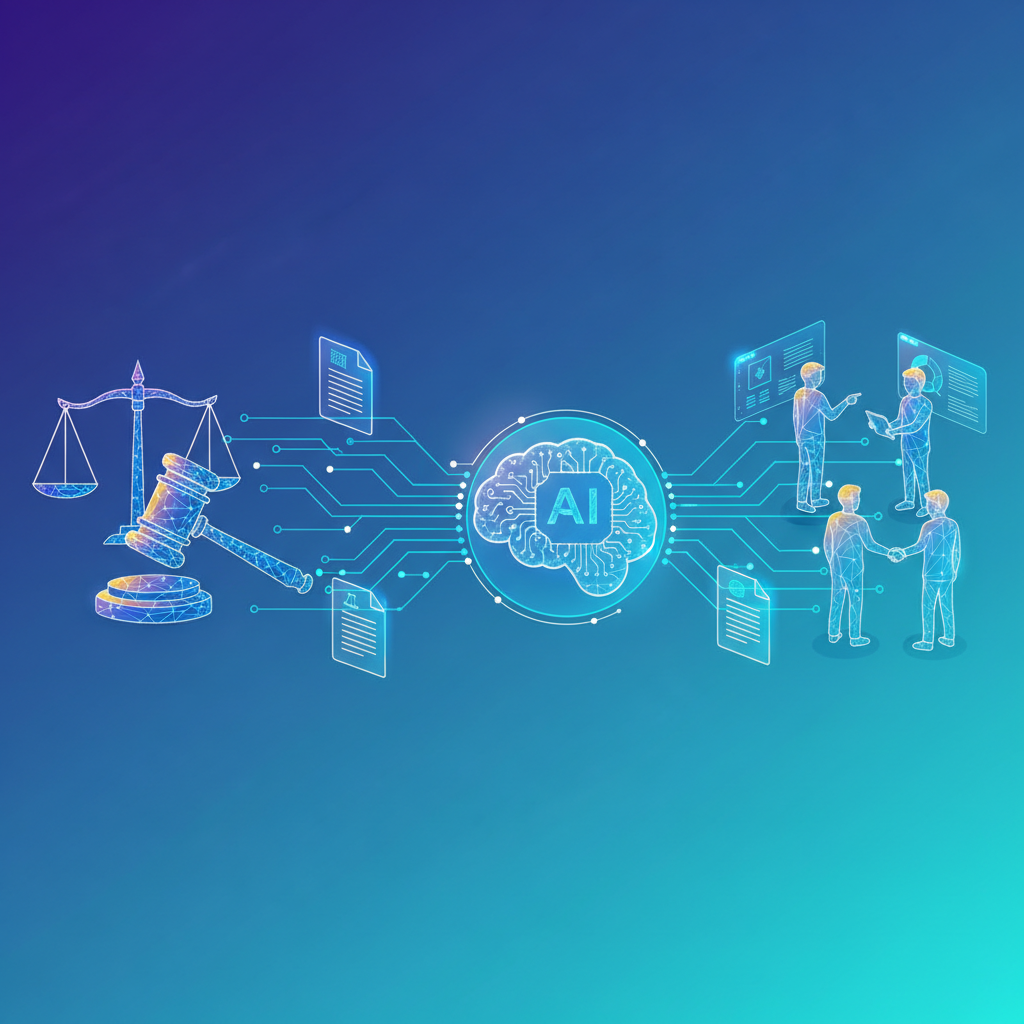 An illustration depicting a streamlined legal process assisted by AI, with documents flowing digitally and people interacting efficiently. Style: clean infographic, modern layout, high contrast, gradient background. No visible text.