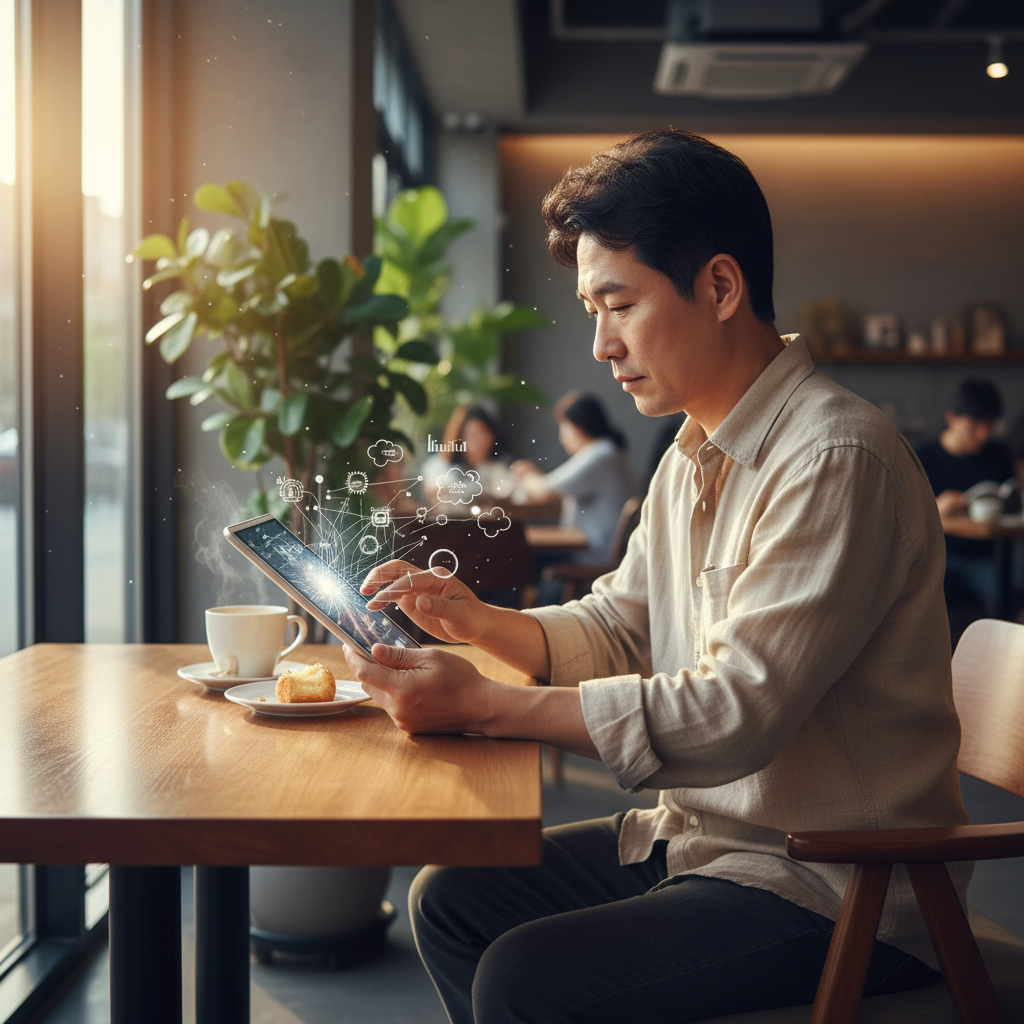 A Korean novelist, a man in his 40s, sitting in a modern cafe, using a tablet with a focused expression. The tablet screen subtly shows visual cues of AI-powered research or brainstorming tools. Natural lighting, warm and inviting atmosphere. Style: lifestyle photography. No visible text in image.