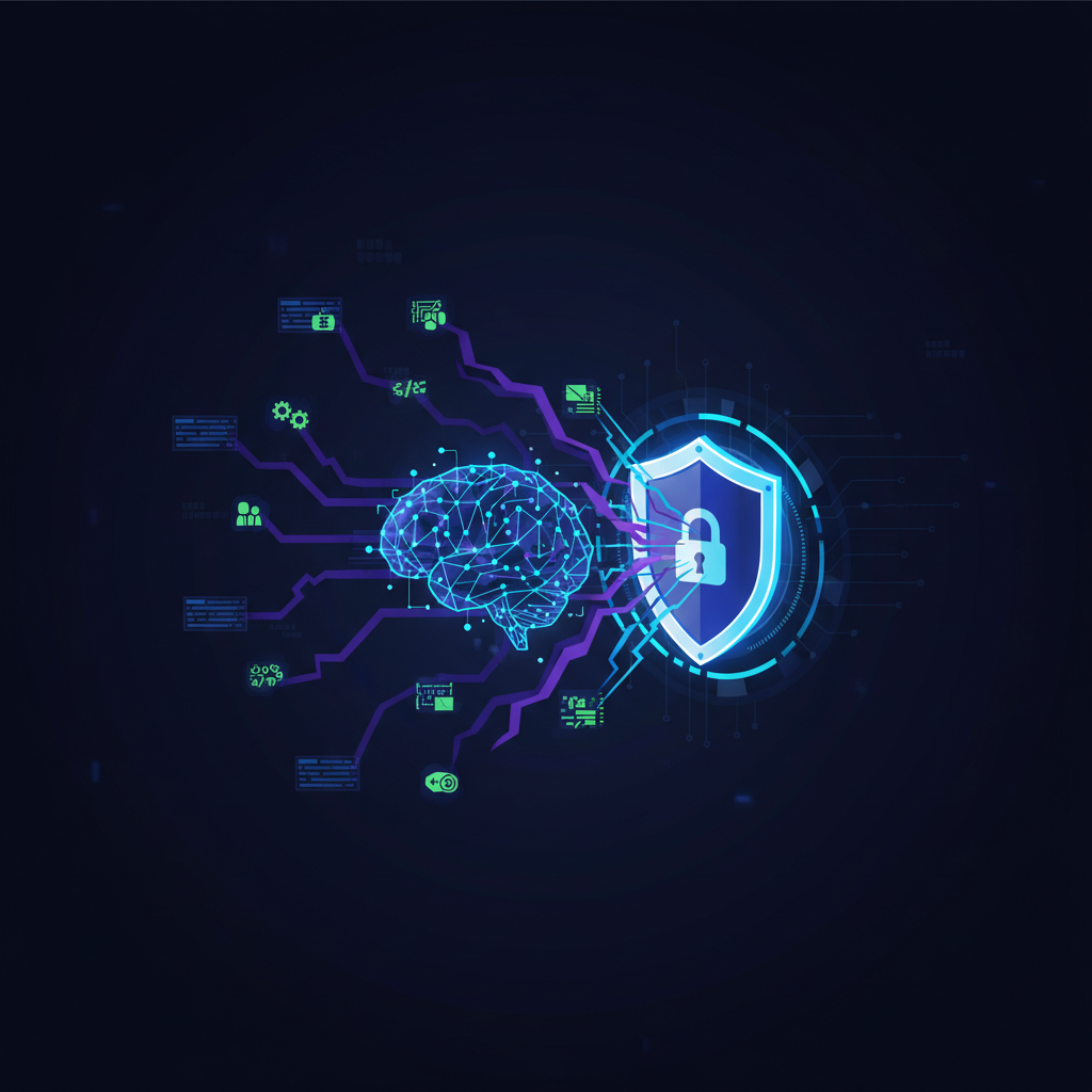 clean infographic, modern layout, high contrast. An abstract illustration of a digital brain representing AI, seamlessly orchestrating multiple cyber attack vectors against a secure network. The process shows automated steps with minimal human interaction, dark and mysterious digital colors. No text in image.