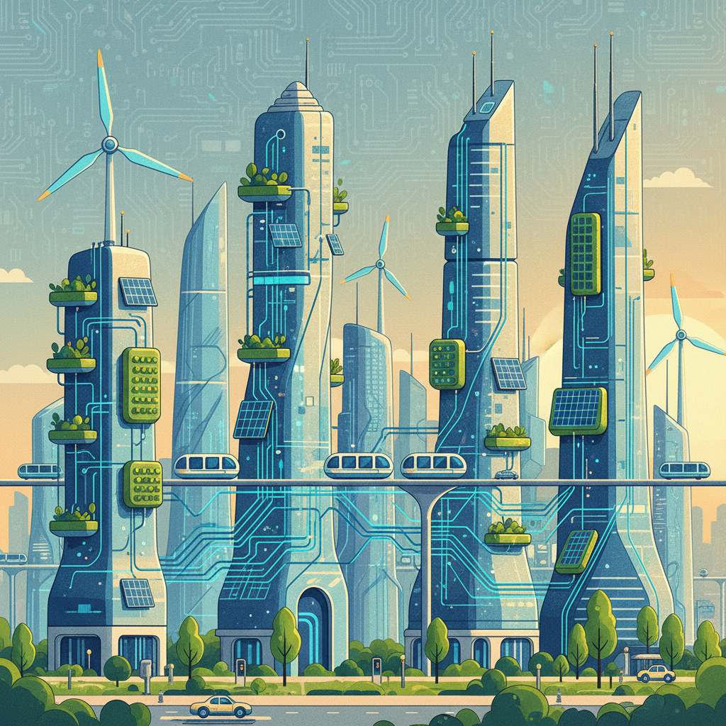 Modern city landscape with smart public transportation, vertical farms, and renewable energy sources like solar panels and wind turbines, all integrated by an invisible AI network. Clean infographic style, vibrant colors, textured background. No visible text.