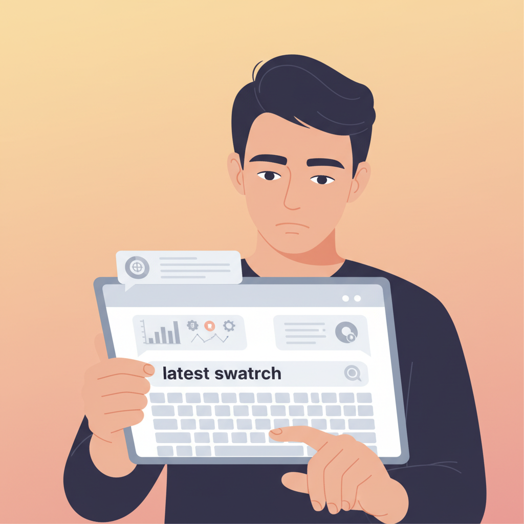 A person typing 'latest smartwatch' into an AI chat interface on a tablet, with a focused and thoughtful expression. The screen displays a clear, modern UI. The background is a soft, warm gradient. Clean infographic, bright lighting, centered focus. No text.