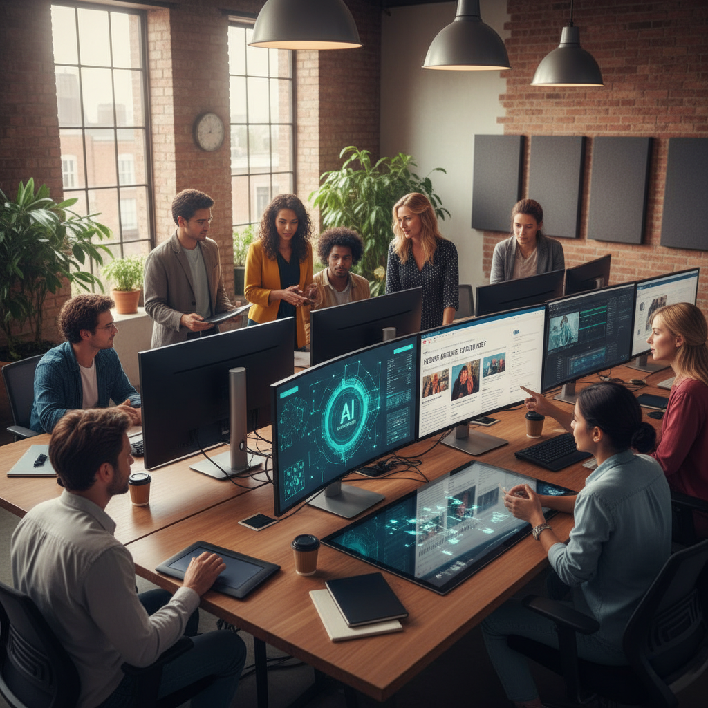 Collaborative workspace showing AI technology and media content creation, with screens displaying news articles and AI interfaces, modern office environment, warm lighting, people working together, lifestyle photography, no text