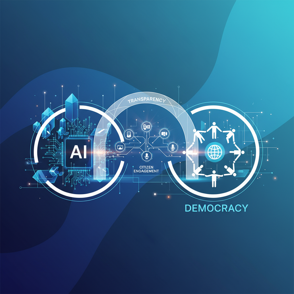 A clean infographic illustrating the intersection of AI and democracy, with subtle futuristic elements and a focus on transparency and citizen engagement. Use a modern layout with high contrast, and a gradient background. No visible text.