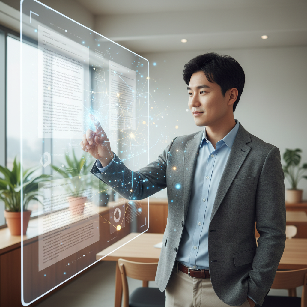 A Korean scientist and an AI interface collaboratively reviewing research documents. The human is pointing to a screen, and the AI is represented by subtle glowing lines connecting different text snippets. Focus on collaboration and synergy. Lifestyle photography, natural lighting, clean office setting, no visible text.