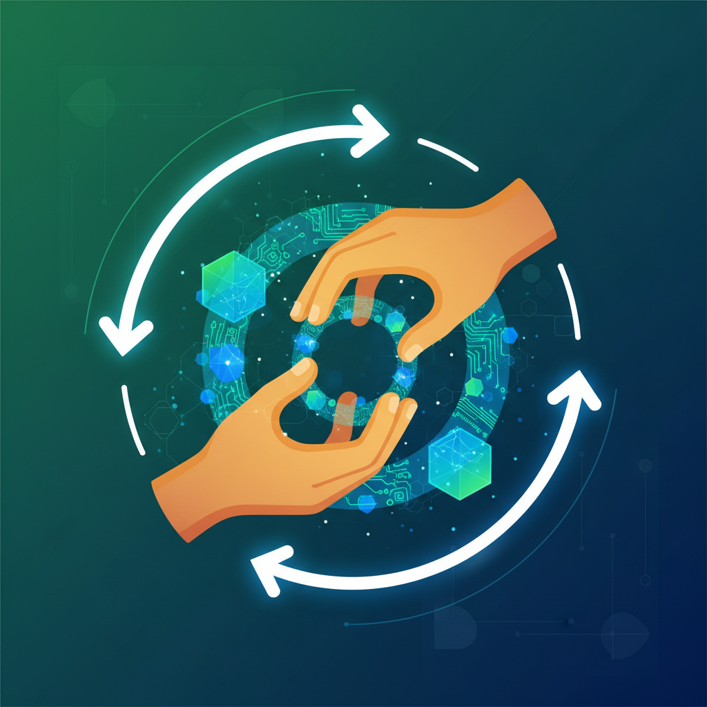 A dynamic, visually rich infographic showing the synergy between human intelligence and artificial intelligence in a modern workflow. Human hands and abstract AI elements are shown collaborating on a complex task, with arrows indicating efficiency and progress. Style: clean infographic, modern layout, high contrast. No visible text. Textured background with a mix of green and blue.