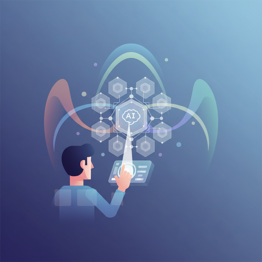 An abstract, clean infographic showing a person interacting with an AI interface, with subtle, colored lines or shadows representing societal biases influencing the AI's output. Modern layout, high contrast, gradient background. No visible text. Korean appearance for person. Centered focus.