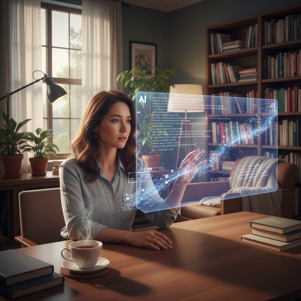 A Korean novelist, a woman in her 30s, looking thoughtfully at a holographic AI interface displaying flowing text, with a slightly concerned yet curious expression. The background is a modern, cozy study with warm lighting. Style: lifestyle photography. No visible text in image.