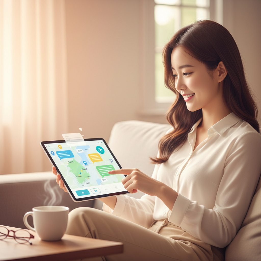 A Korean user interacting with an AI assistant on a tablet, refining travel plans. Speech bubbles or chat interface elements are subtly shown, indicating a conversation. The background has a soft, warm gradient. Style: lifestyle photography. No text.