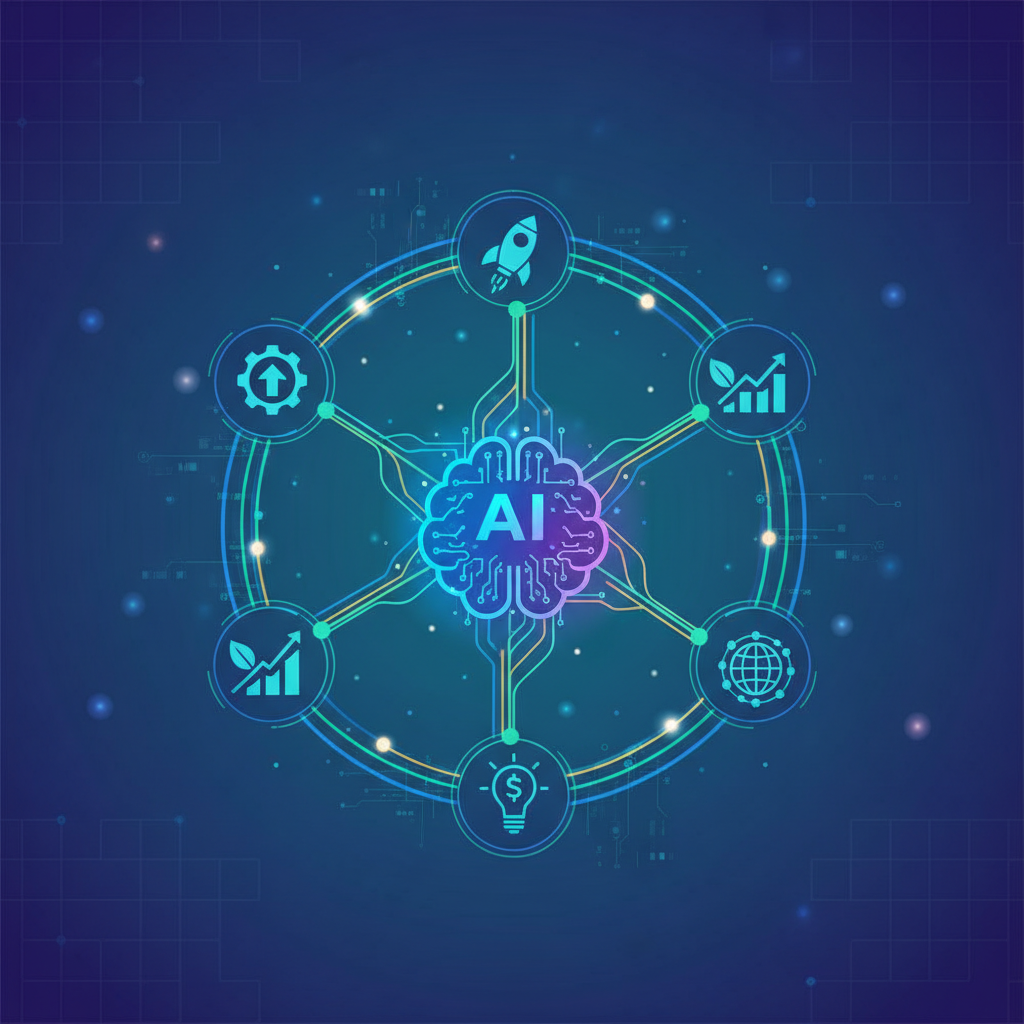 A modern infographic illustrating the synergy between AI technology and startups. Dynamic lines connect a central brain-like AI icon with several smaller startup icons, signifying growth and innovation. The background is a vibrant gradient, with subtle digital patterns. Bright, balanced lighting, no text.
