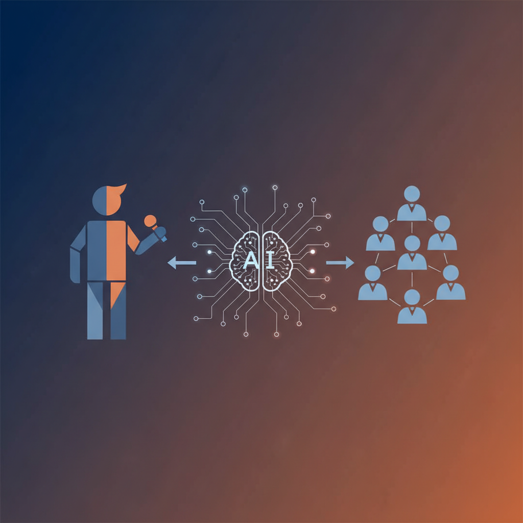 Clean infographic showing a journalist figure and an audience figure, with a subtle artificial intelligence symbol or network in between them, indicating a shifting relationship. Bright, balanced lighting, modern layout, high contrast, colored background. No visible text.