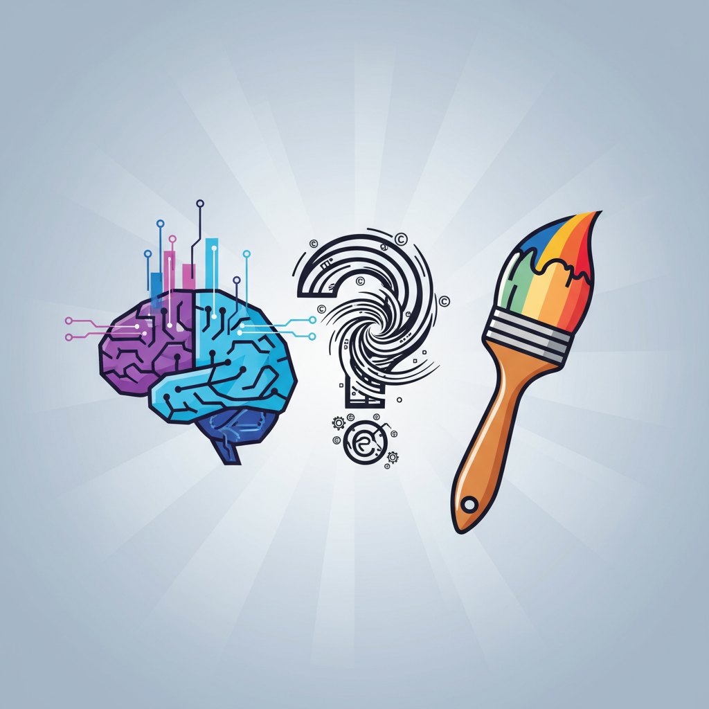 An illustration depicting a stylized brain representing AI and a paintbrush representing an artist, with a swirling question mark between them, symbolizing a copyright dispute. The background features a subtle gradient, and the overall style is a clean infographic with high contrast. No text.