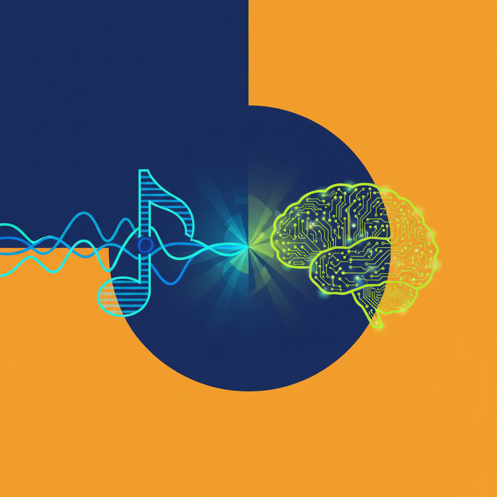A stylized infographic depicting a merger or collaboration between a music company (represented by a musical note or sound waves) and an AI entity (represented by a glowing brain or circuit board). Clean, modern layout, high contrast, colored background. No visible text.