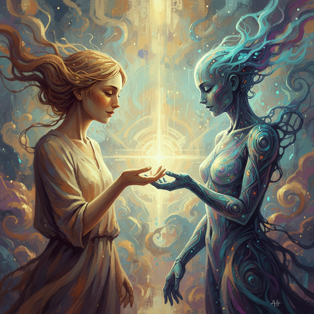 An artistic illustration depicting the nuanced relationship between AI and humans. Two figures, one human-like and one abstract representing AI, are shown in gentle interaction, suggesting a balance between connection and boundaries. Soft, warm lighting, textured background, and a sense of thoughtful coexistence. No text.