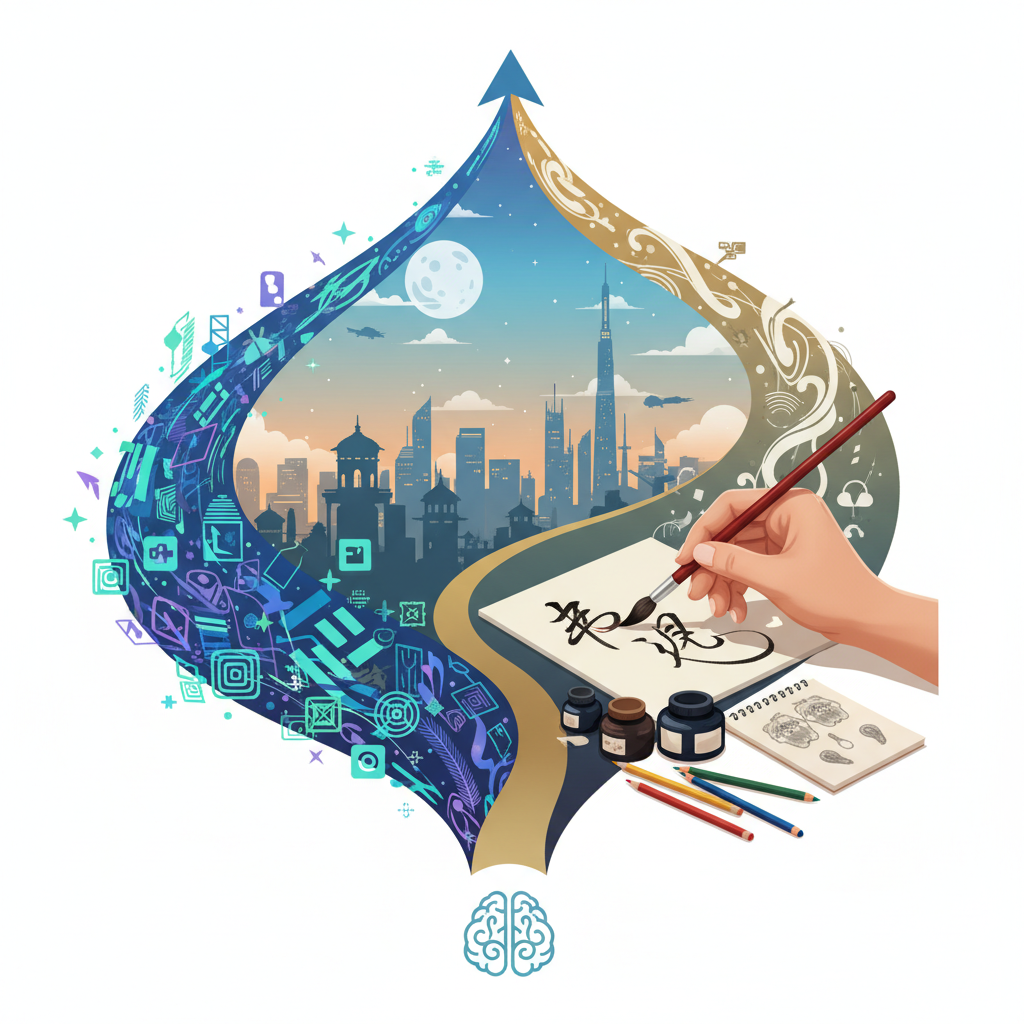 A thought-provoking infographic showing two paths diverging. One path is represented by abstract, glowing AI-generated patterns, and the other by a human hand creating art with traditional tools like a brush or pen. In the background, there's a subtle cityscape with futuristic elements. The overall atmosphere is contemplative. Korean ethnicity hands if possible. Clean infographic style. No text.