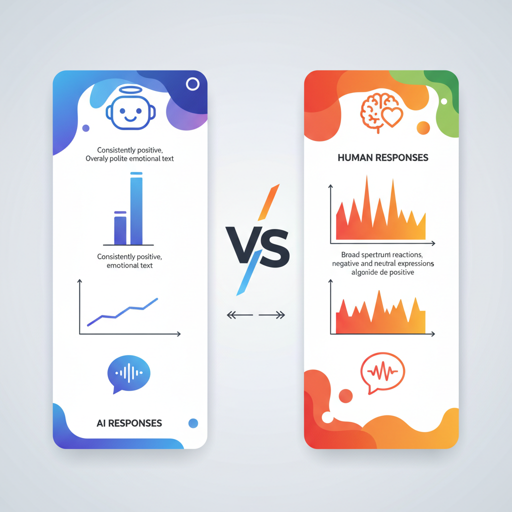 Clean infographic comparing emotional expression patterns between AI and human responses, showing contrast between overly polite AI text and natural human reactions, modern design with icons and graphs, vibrant colors, no text in image