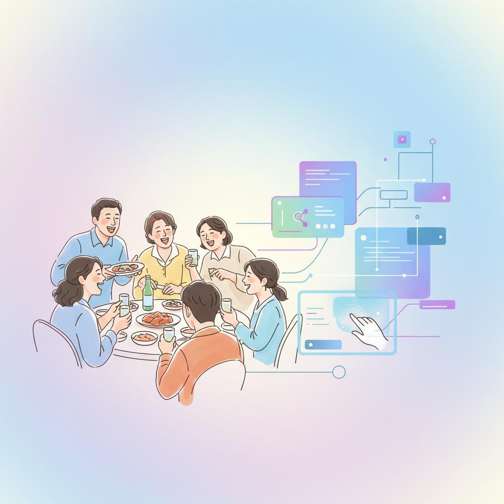 A stylized illustration depicting a balance between human interaction (people laughing, sharing) and artificial intelligence (minimalist digital interfaces), set against a soft, gradient background. Korean people, natural expressions, no text. Clean, modern design.