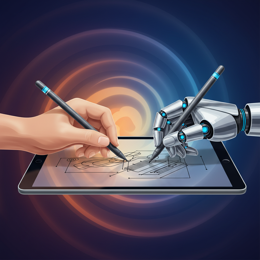 A modern layout infographic showing a human hand and a robotic hand drawing together, symbolizing collaboration and the search for authentic creativity in the age of AI. Clean lines, high contrast, gradient background. No visible text, no Korean characters.
