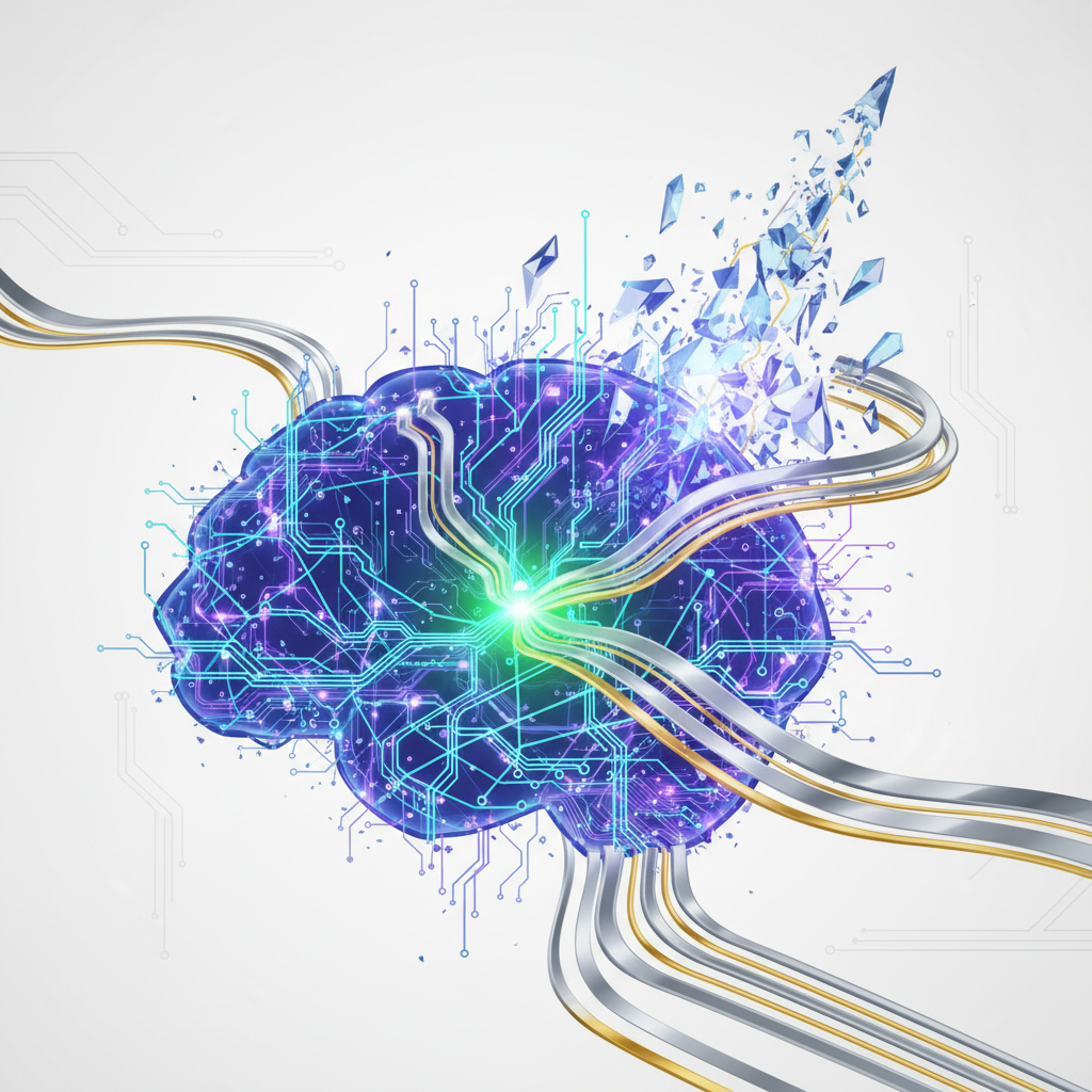 A symbolic image of AI's brain-like network powered by an efficient energy source represented by sleek, superconducting lines. Show a sense of rapid advancement and innovation. Clean, modern infographic. No text.