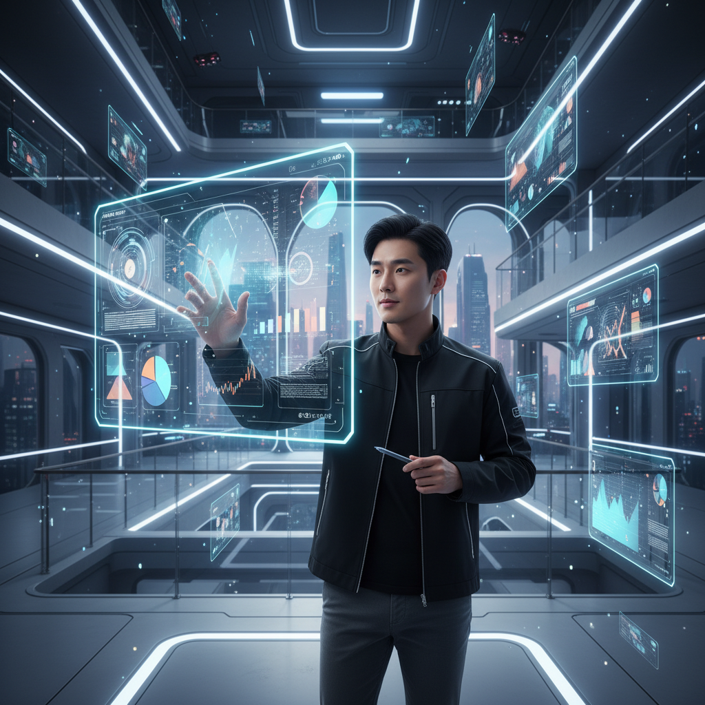 A Korean creator is thoughtfully reviewing AI-generated analytics and insights on a holographic display, making a creative decision with a confident expression. The background is a vibrant, futuristic creative studio. Style: clean infographic, modern layout, high contrast. No visible text in image.