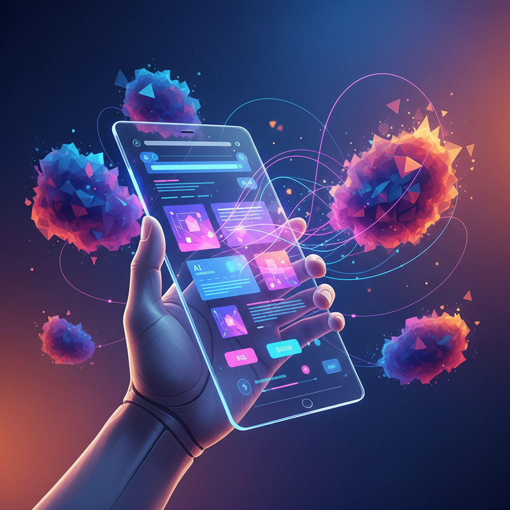 A futuristic, sleek illustration of a human hand holding a transparent tablet or phone, displaying a web page with AI-generated summaries and interactive elements. Subtle neural network patterns or light trails emanate from the device, connecting to abstract data clouds in a vibrant, gradient background. No text, artistic rendering style.