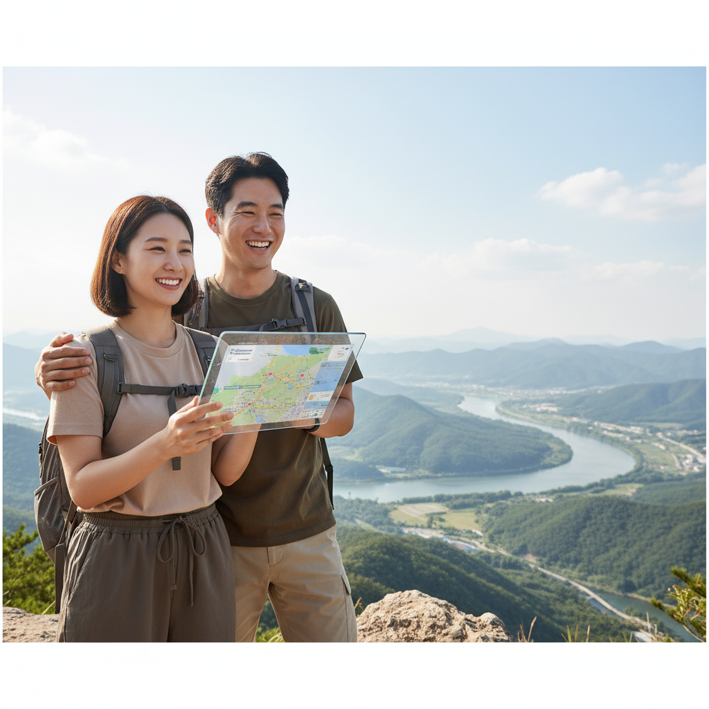 A happy Korean couple standing on a scenic mountain viewpoint, looking at a beautiful landscape. One person is subtly interacting with a futuristic, transparent tablet showing travel information, blending technology with nature. Lifestyle photography, natural setting, bright lighting. No visible text.