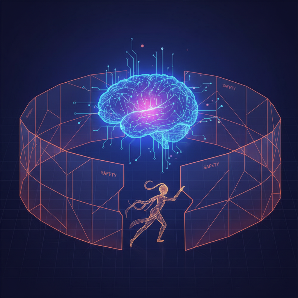 An infographic illustration showing a large language model represented as a stylized, glowing brain or network node. A small, stylized 'poem' character is subtly moving past a digital 'barrier' or 'fence' surrounding the LLM, indicating a circumvention. The barrier has 'safety' written on it in very small, integrated-design text (English only, minimal). Clean, modern layout with vibrant colors. No visible text.