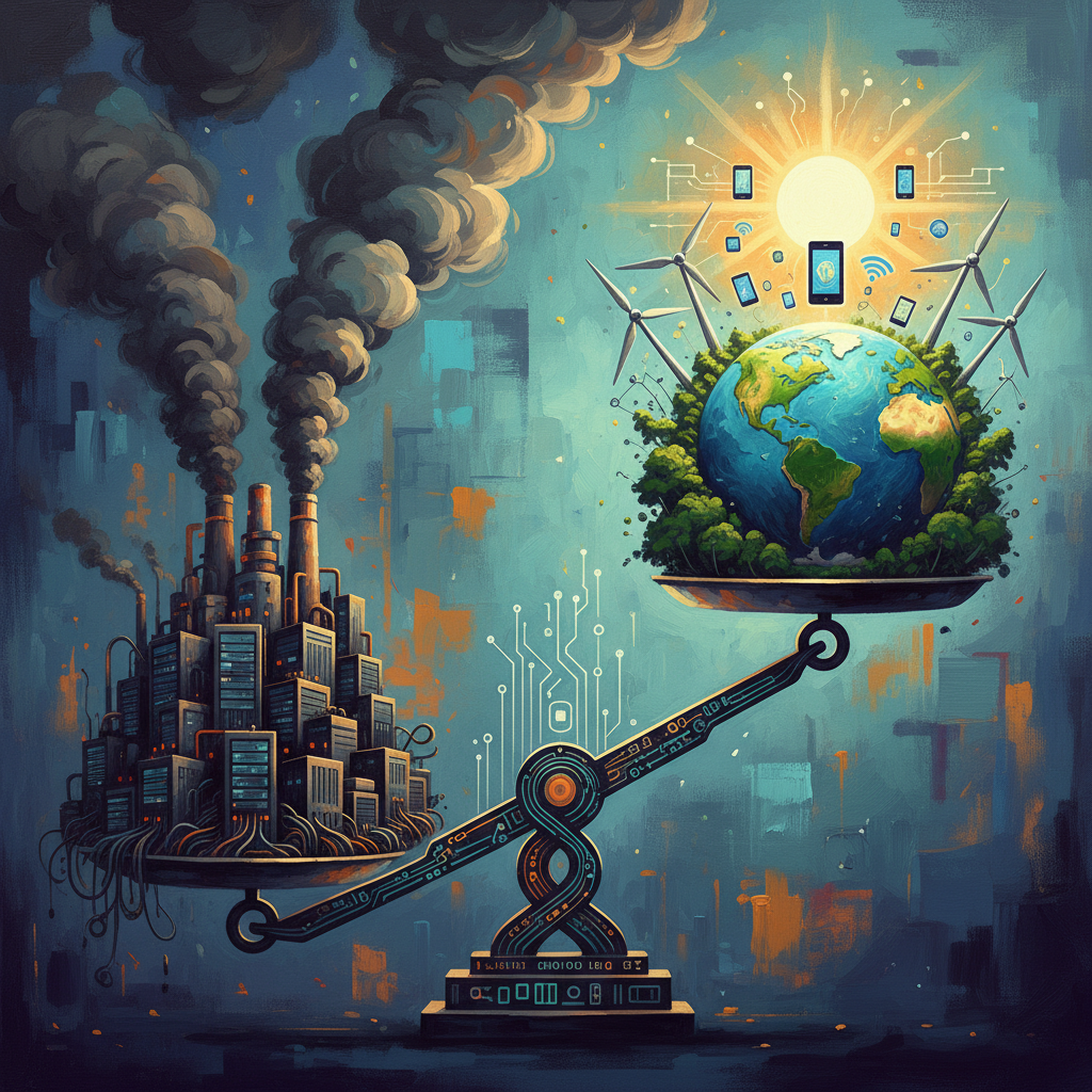 A stylized image of a balanced scale. One side has heavy data centers and smoke, representing AI's environmental burden. The other side has clean energy, a healthy planet, and smart technology, representing AI's potential for good. The scale is perfectly balanced. Artistic rendering, rich colors, textured background. No visible text.