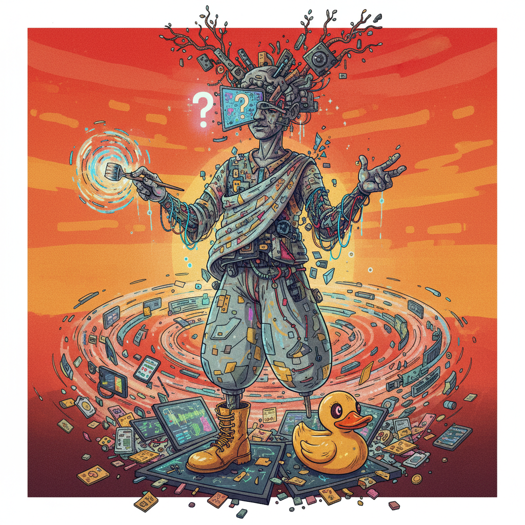 A surreal, artistic illustration depicting a humorous yet slightly unsettling scene where an AI-generated character is missing clothes or has unusual features, symbolizing AI's unexpected creative liberties. Style: artistic rendering, textured background. Background: warm sunset colors. No visible text.