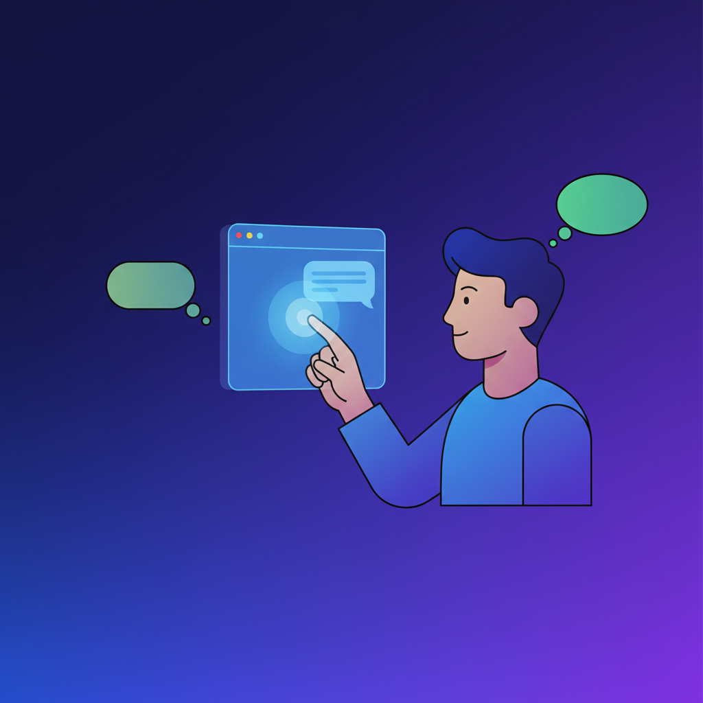 A modern infographic of a person with diverse features interacting with a chatbot interface, where the AI's response bubble shows a subtle, almost imperceptible bias. Clean design, modern layout, high contrast, colored background. No visible text. Korean appearance. Centered focus.