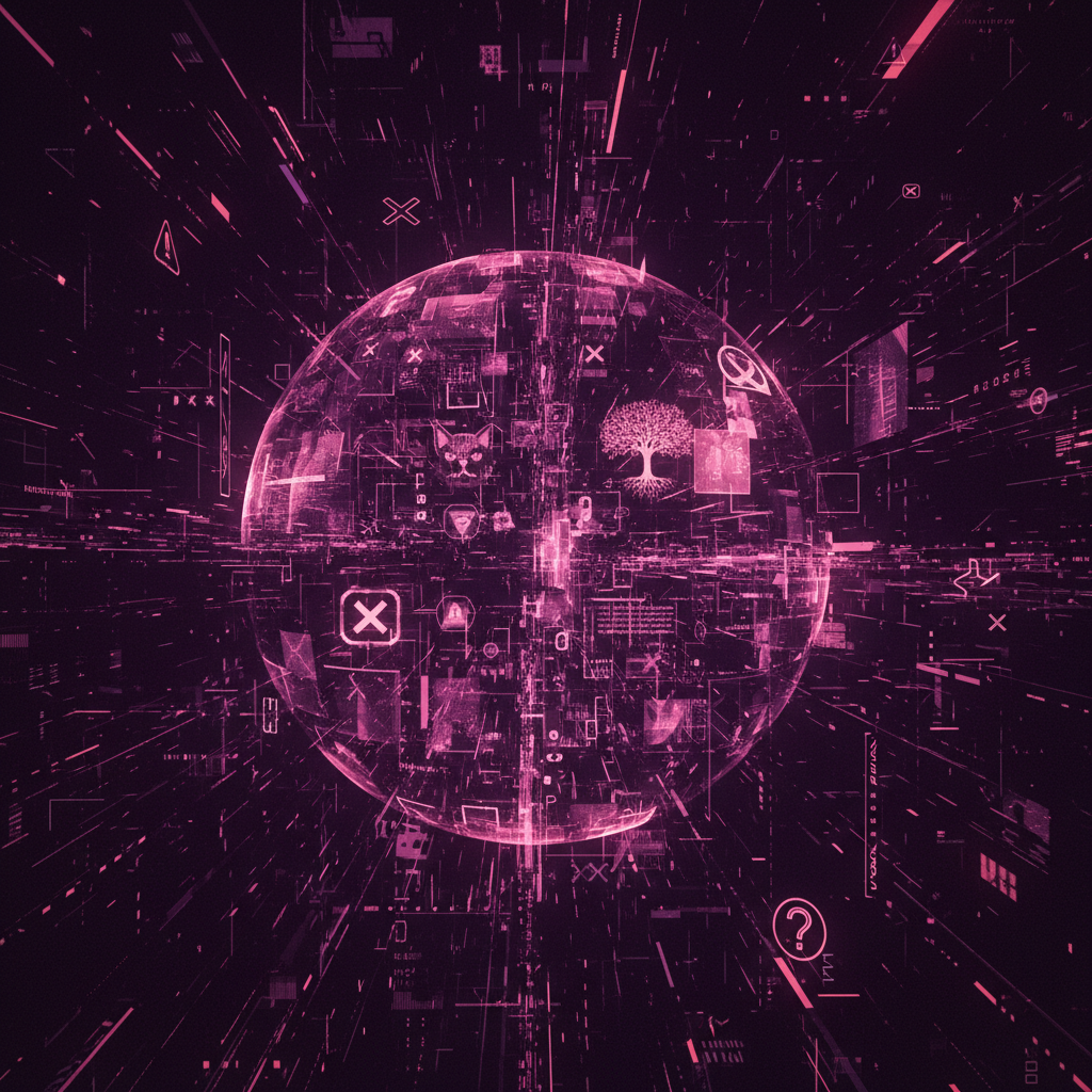 Abstract digital visualization of AI hallucination concept with glitching holographic displays, fragmented data streams, and error symbols. Futuristic tech environment with purple and red gradient lighting. Distorted digital elements floating in space showing incorrect information. High contrast, dramatic lighting, centered composition with depth, no text.