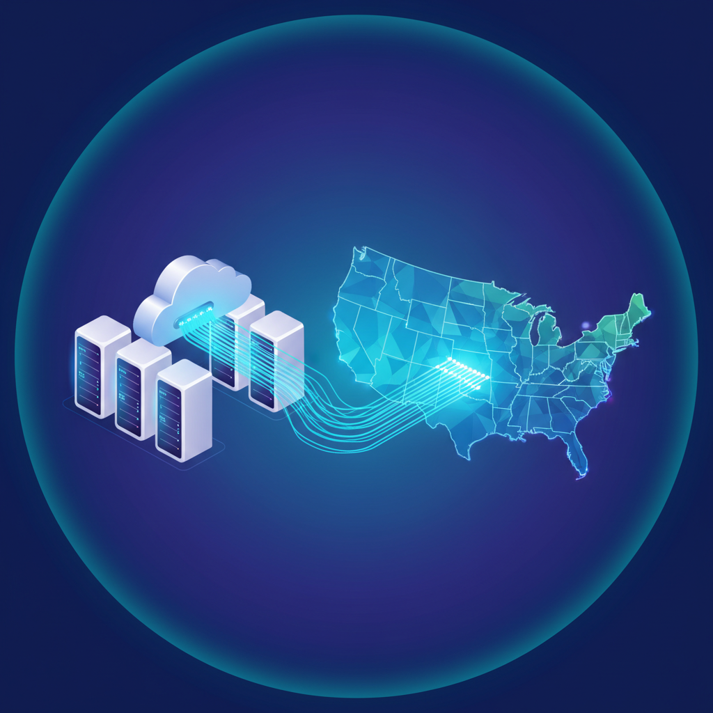 Clean infographic showing a cloud server farm with data flowing into a stylized map of the USA. The image should have a modern layout, high contrast, and a colored gradient background. No visible text.